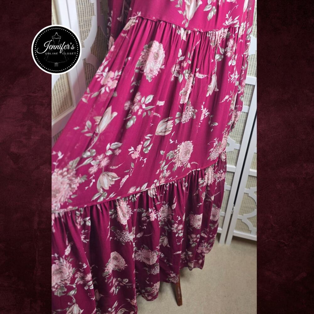 Anthropologie Evelin Maroon/Wine Floral Long Sleeve Chiffon Maxi Dress Size XL - Picture 9 of 16